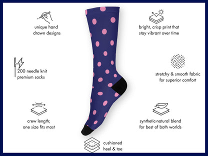 Navy polka dot socks floating mockup with features highlighted