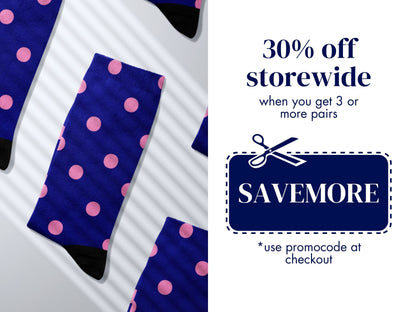 Promo code offer with Navy polka dot socks flat lay background