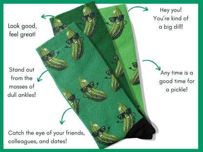 Pickle Socks - Funny Novelty Food Socks for Pickle Lovers - flat lay of socks with benefits highlighted