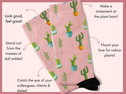 Cute Pink Cactus Socks — Plant Mom Socks — flatlay-benefits
