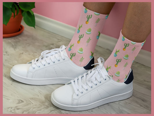 Cute Pink Cactus Socks — Plant Mom Socks — on-model