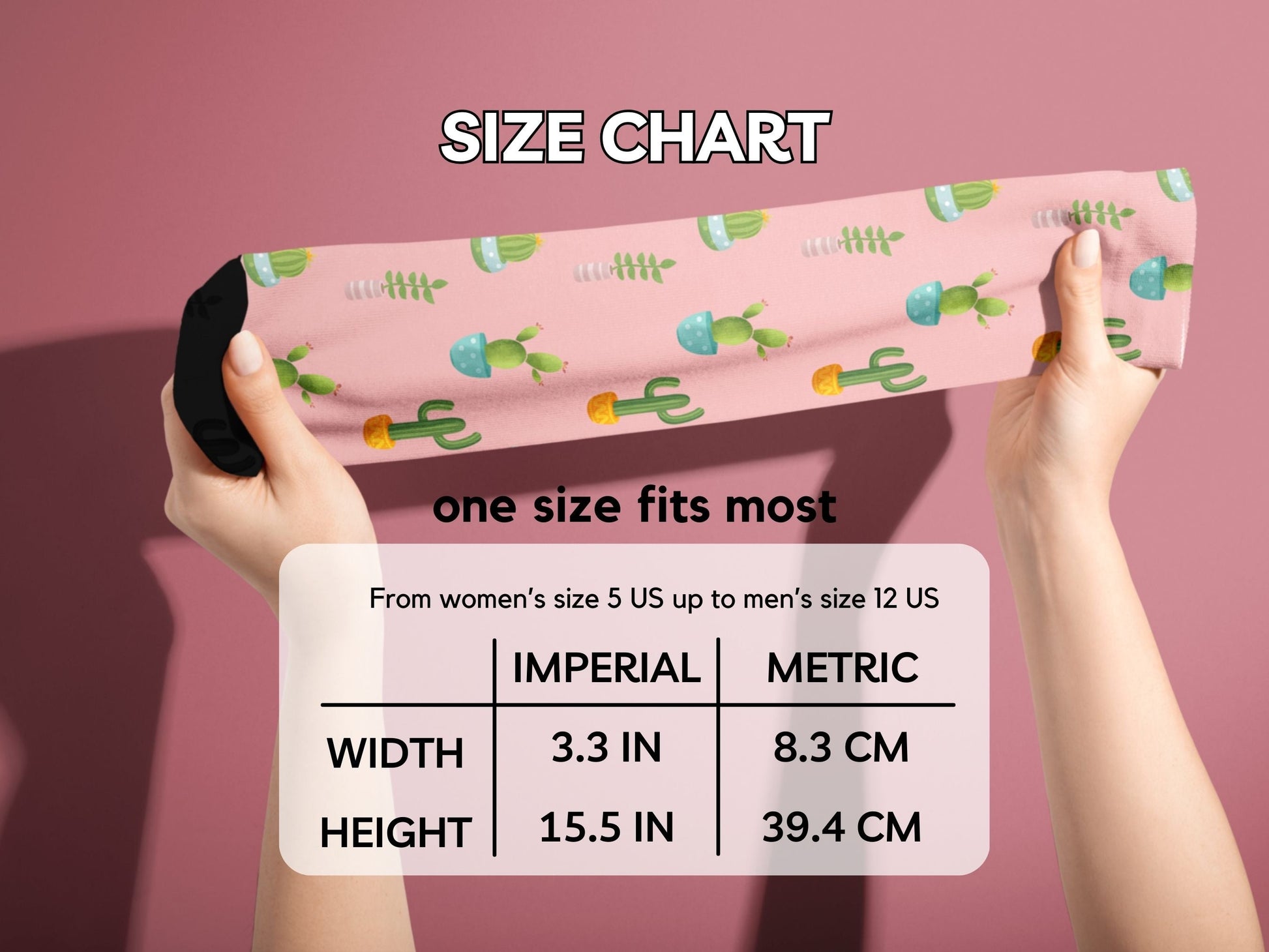 Cute Pink Cactus Socks — Plant Mom Socks — size-chart
