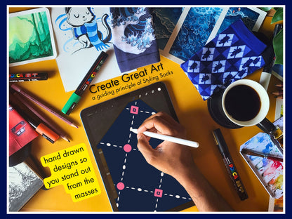 Pink Dot Grid Dress Socks artist hand drawing the sock design on a tablet