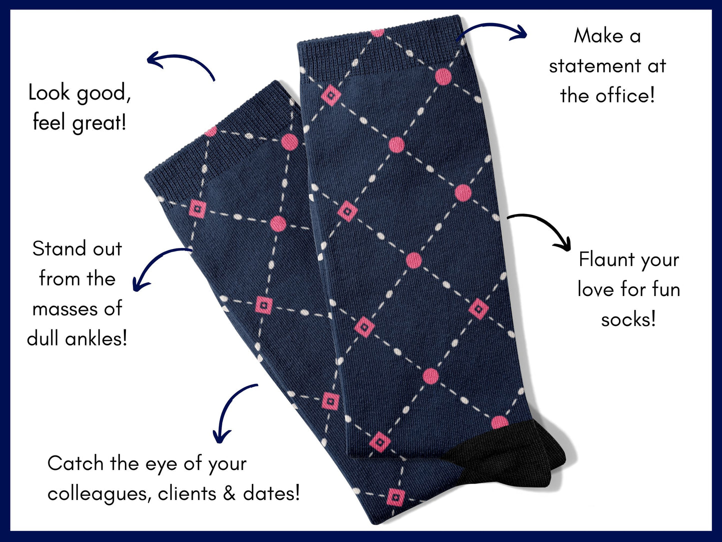 Pink Dot Grid Dress Socks flat lay of socks with benefits highlighted