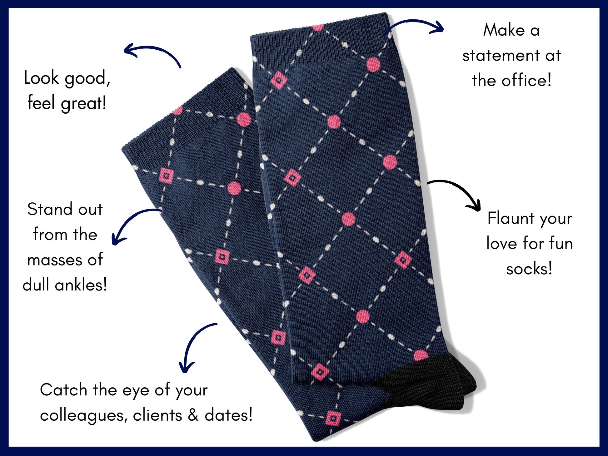 Pink Dot Grid Dress Socks flat lay of socks with benefits highlighted