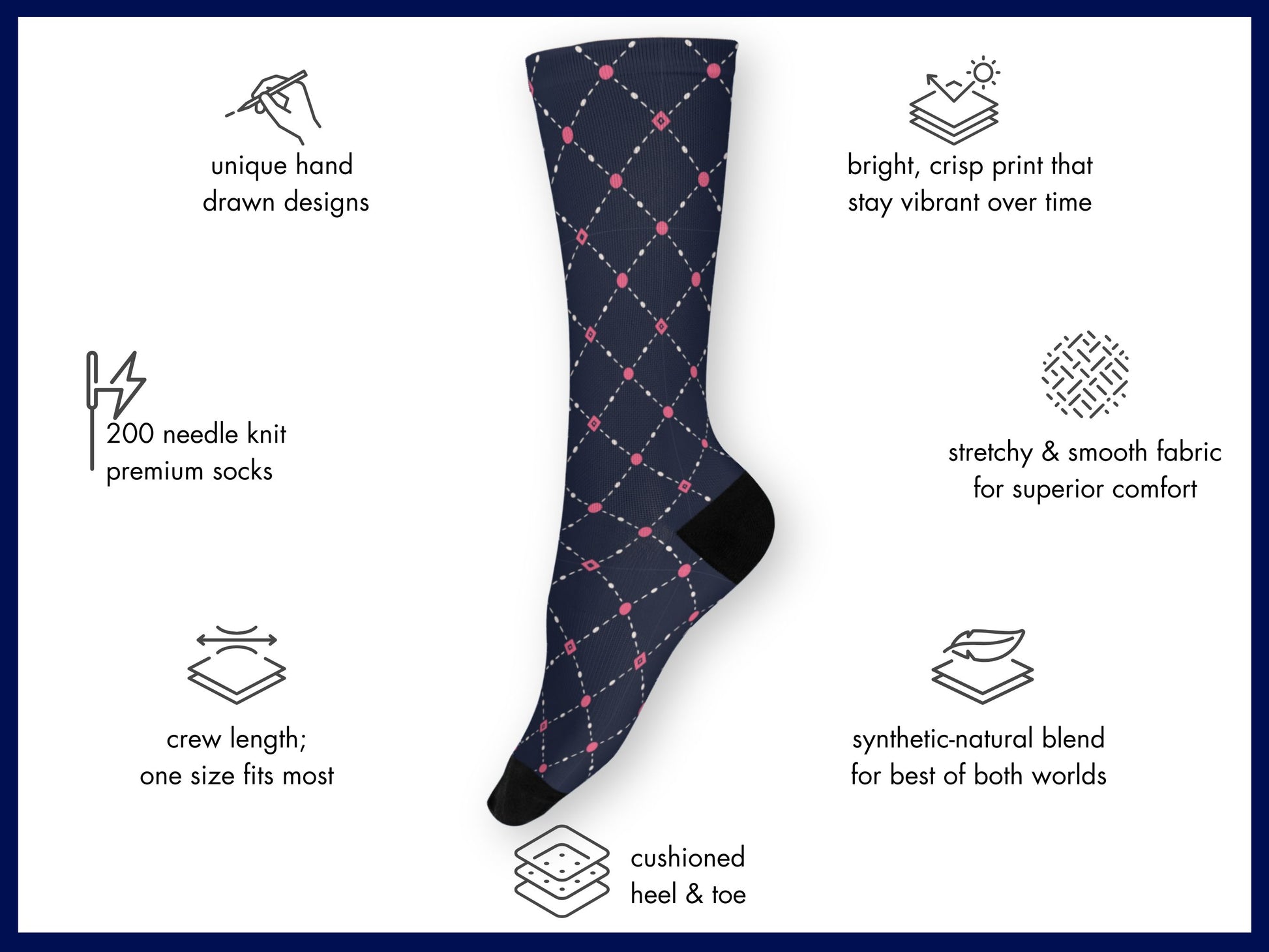 Pink Dot Grid Dress Socks floating mockup with features highlighted