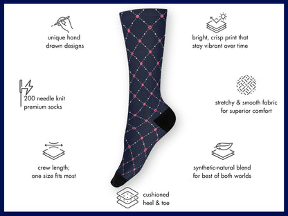 Pink Dot Grid Dress Socks floating mockup with features highlighted