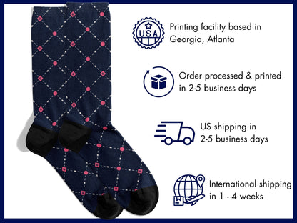 Pink Dot Grid Dress Socks flat lay of socks with shipping details overlay