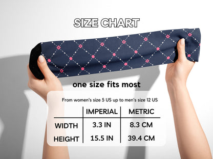 Pink Dot Grid Dress Socks hands stretching socks with size chart overlay