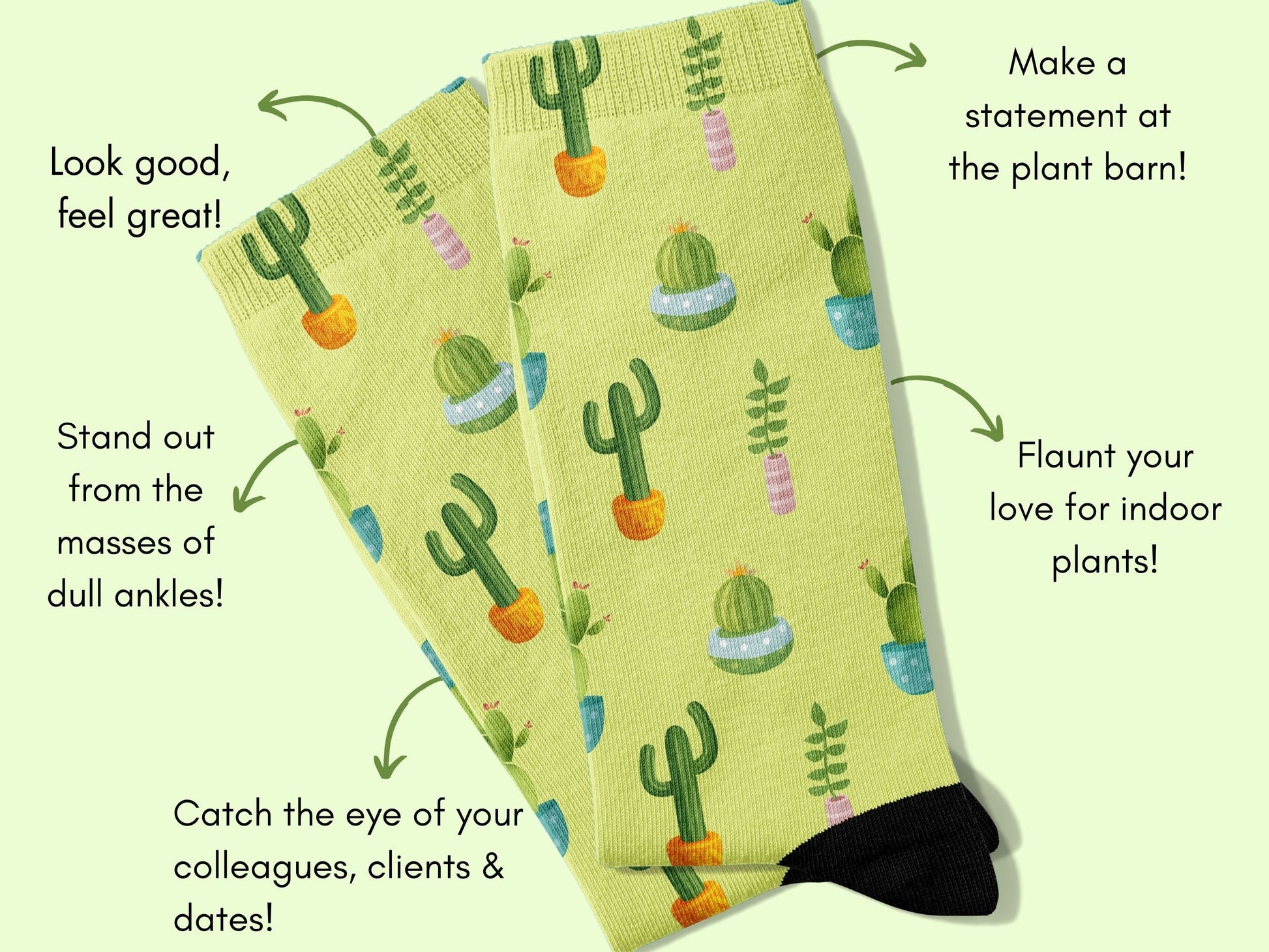 Plant Mom Socks — Cute Pastel Green Cactus Socks — flatlay-benefits