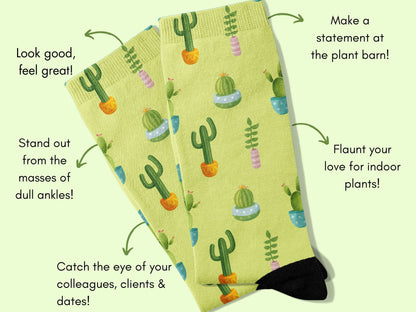 Plant Mom Socks — Cute Pastel Green Cactus Socks — flatlay-benefits