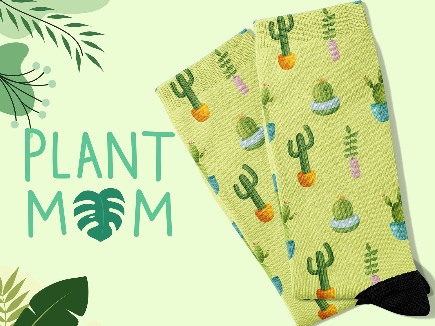 Plant Mom Socks — Cute Pastel Green Cactus Socks — on-model