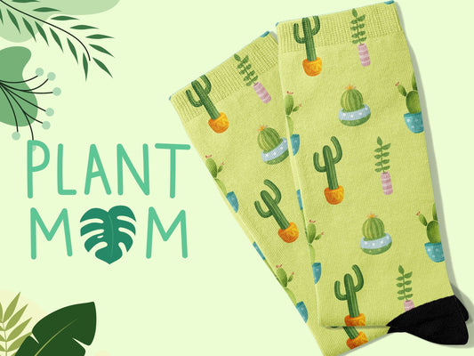 Plant Mom Socks — Cute Pastel Green Cactus Socks — on-model