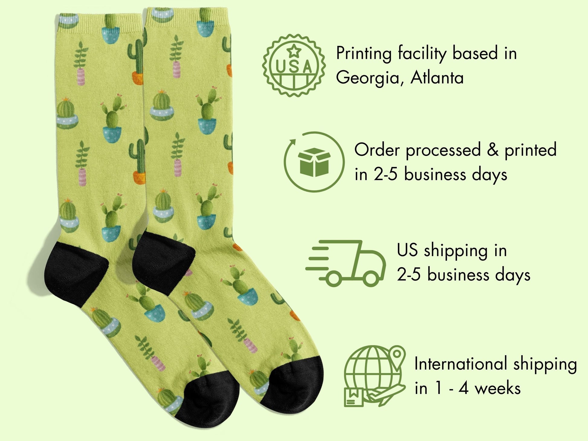 Plant Mom Socks — Cute Pastel Green Cactus Socks — shipping-info