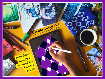 Purple & White Argyle Dress Socks artist hand drawing the sock design on a tablet