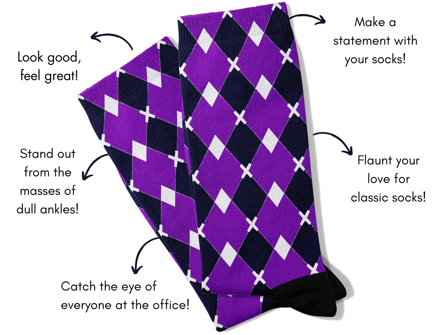 Purple & White Argyle Dress Socks flat lay of socks with benefits highlighted