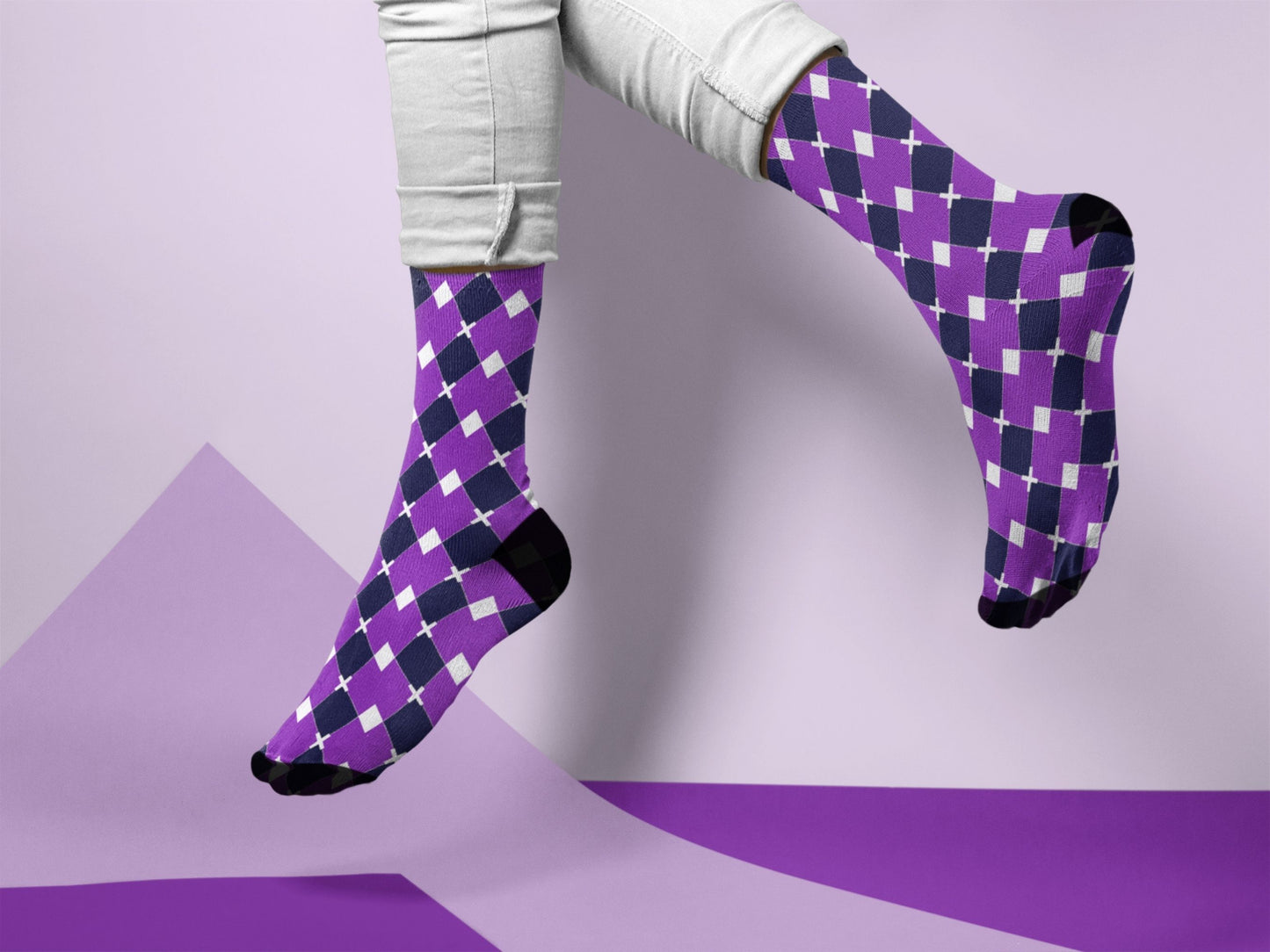 Purple & White Argyle Dress Socks lifestyle vibe shot