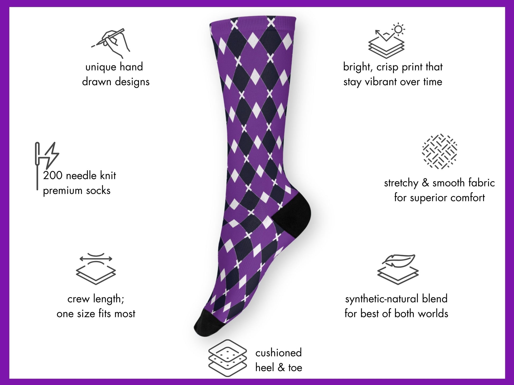 Purple & White Argyle Dress Socks floating mockup with features highlighted