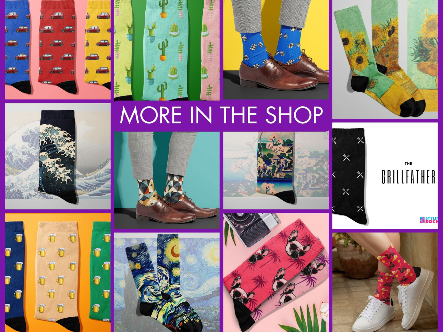 Purple & White Argyle Dress Socks collage of multiple colourful Styling Socks designs
