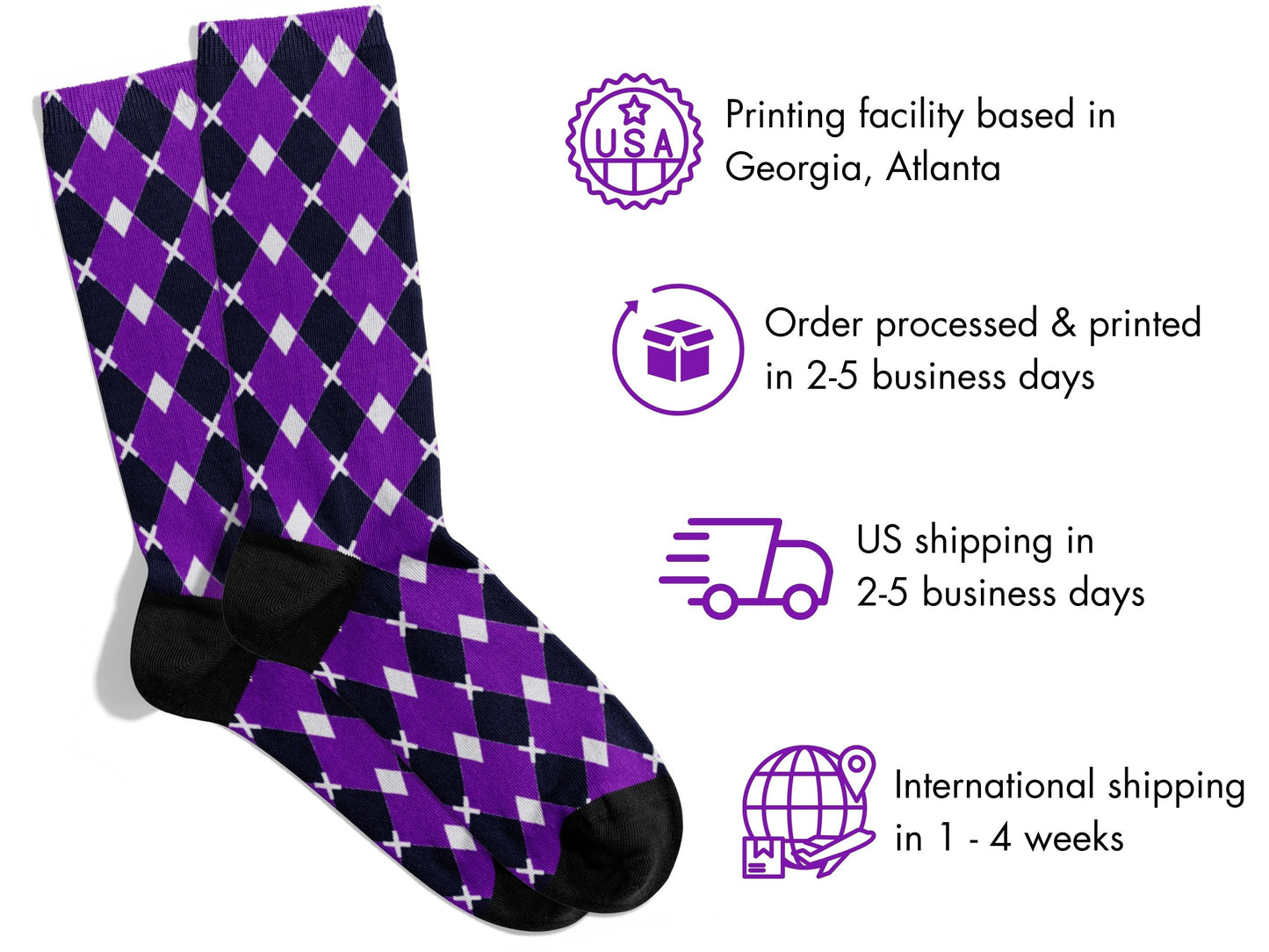Purple & White Argyle Dress Socks flat lay of socks with shipping details overlay