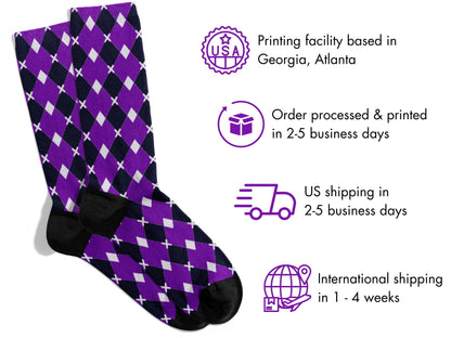 Purple & White Argyle Dress Socks flat lay of socks with shipping details overlay