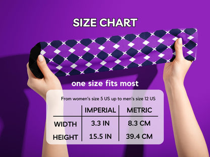 Purple & White Argyle Dress Socks hands stretching socks with size chart overlay