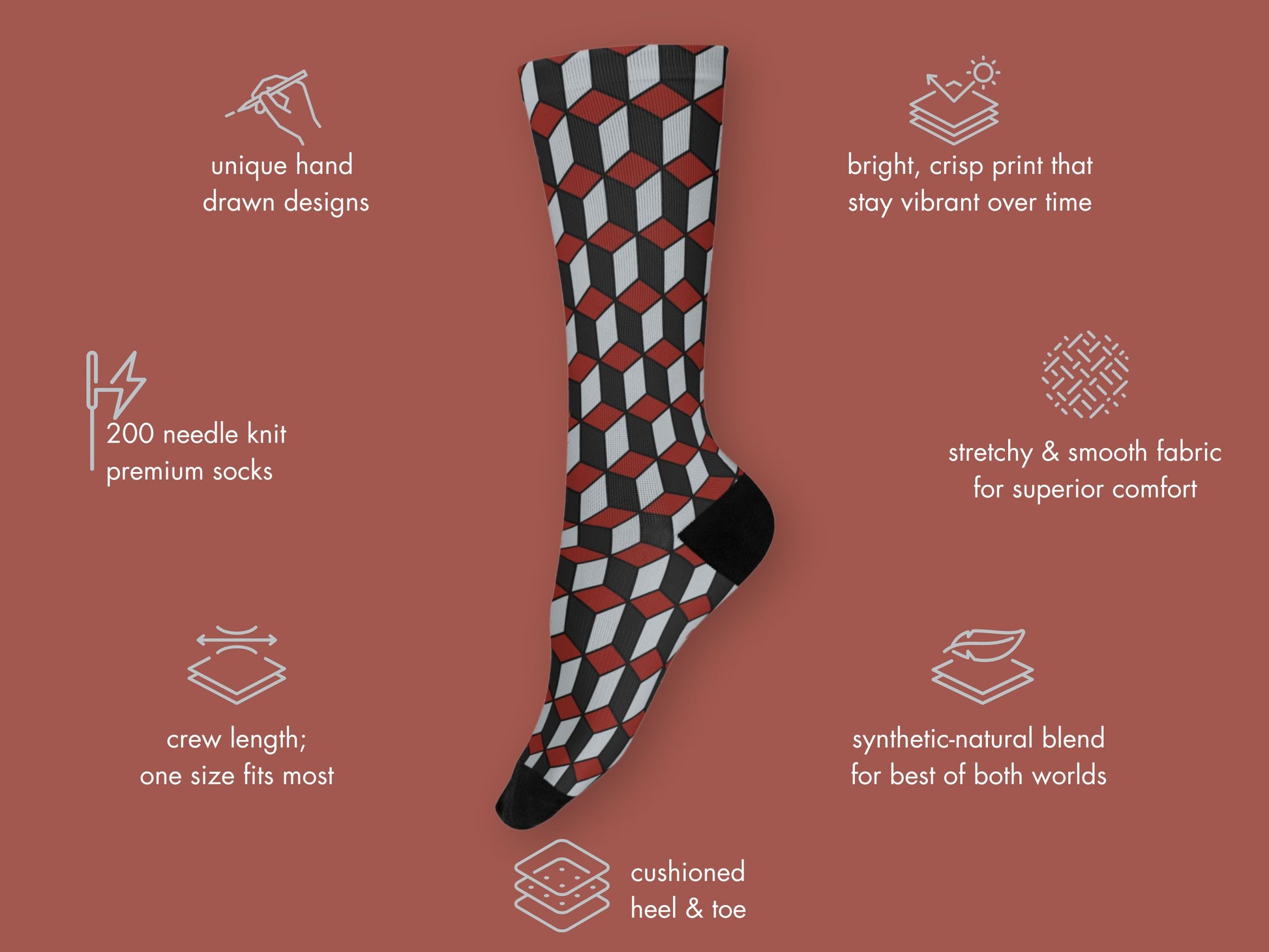 Red & Black 3D Cube Dress Socks floating mockup with features highlighted