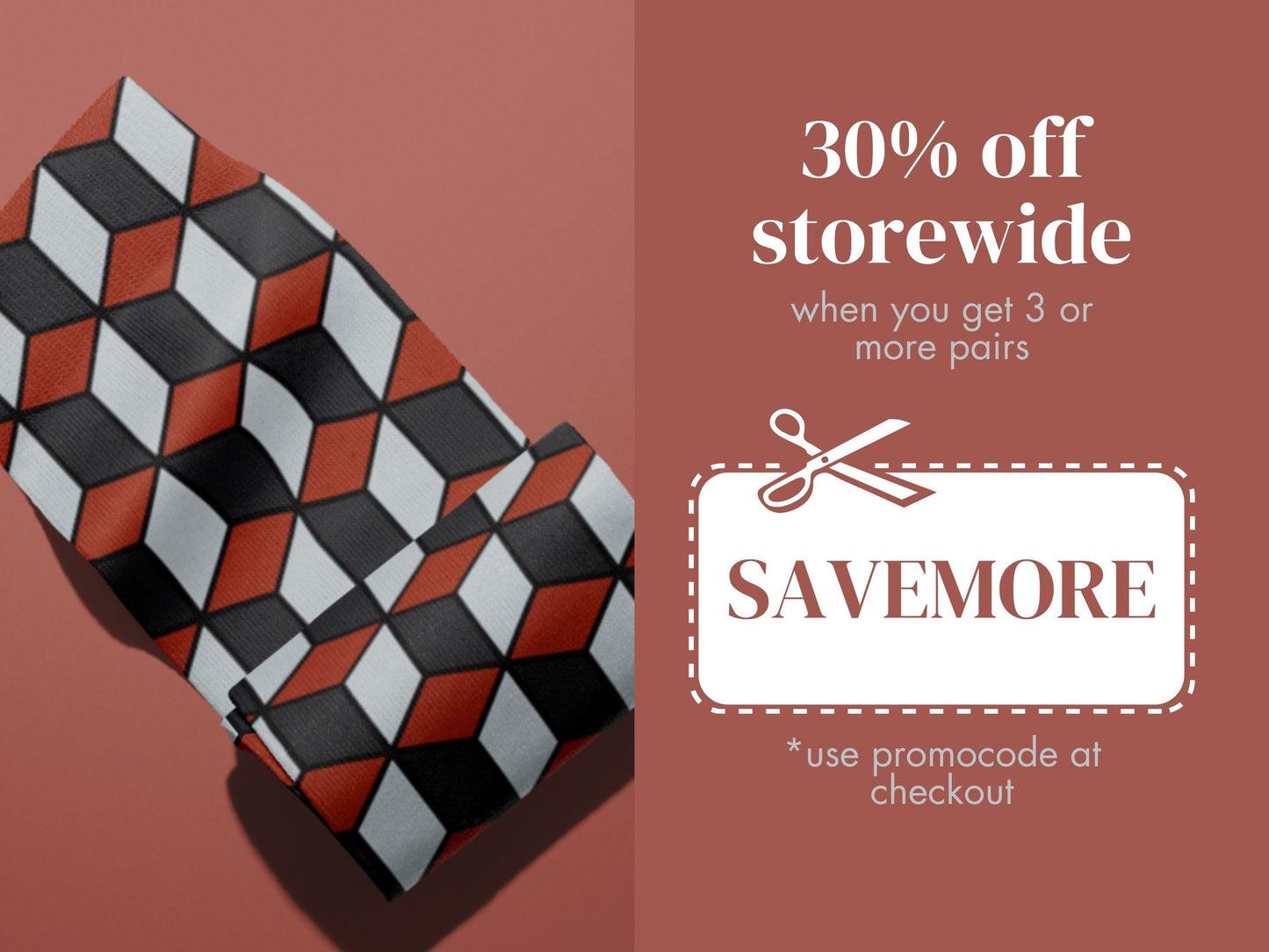 Red & Black 3D Cube Dress Socks promo code offer with socks as background