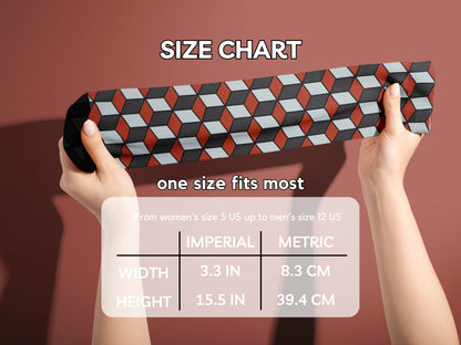 Red & Black 3D Cube Dress Socks hands stretching socks with size chart overlay