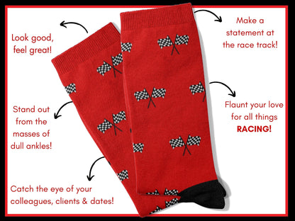 Red Checkered Flag Racing Socks – Men’s Novelty Crew flat lay of socks with benefits highlighted
