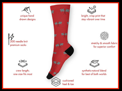 Red Checkered Flag Racing Socks – Men’s Novelty Crew floating mockup with features highlighted