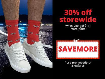 Red Checkered Flag Racing Socks – Men’s Novelty Crew promo code offer with socks as background