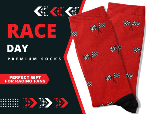 Red Checkered Flag Racing Socks – Men’s Novelty Crew flatlay with Text "Race Day Premium Socks"