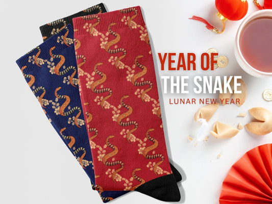 Snake Zodiac Socks - Lunar New Year Gift - Astrology Inspired Socks - flat lay with Chinese decor around