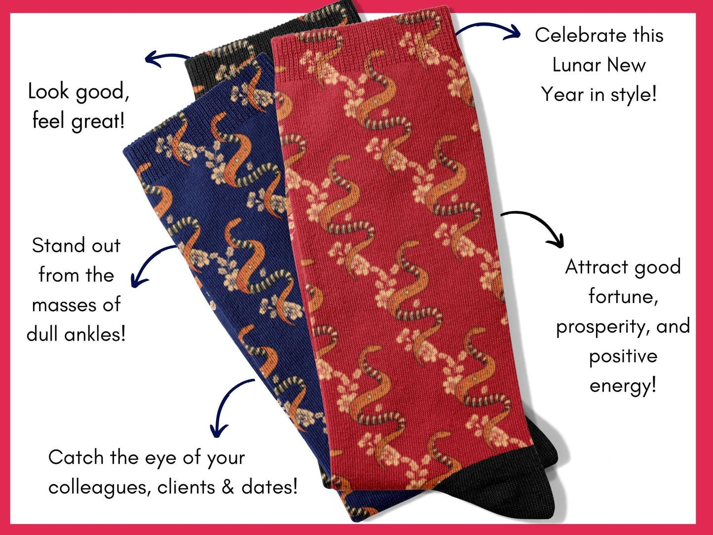 Snake Zodiac Socks - Lunar New Year Gift - Astrology Inspired Socks - flatlay-benefits