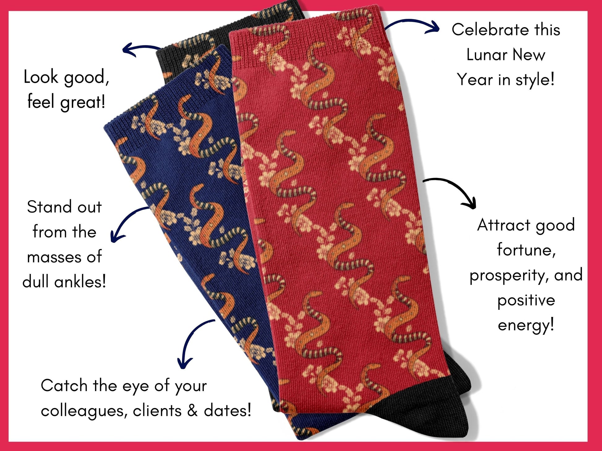 Snake Zodiac Socks - Lunar New Year Gift - Astrology Inspired Socks - flatlay-benefits