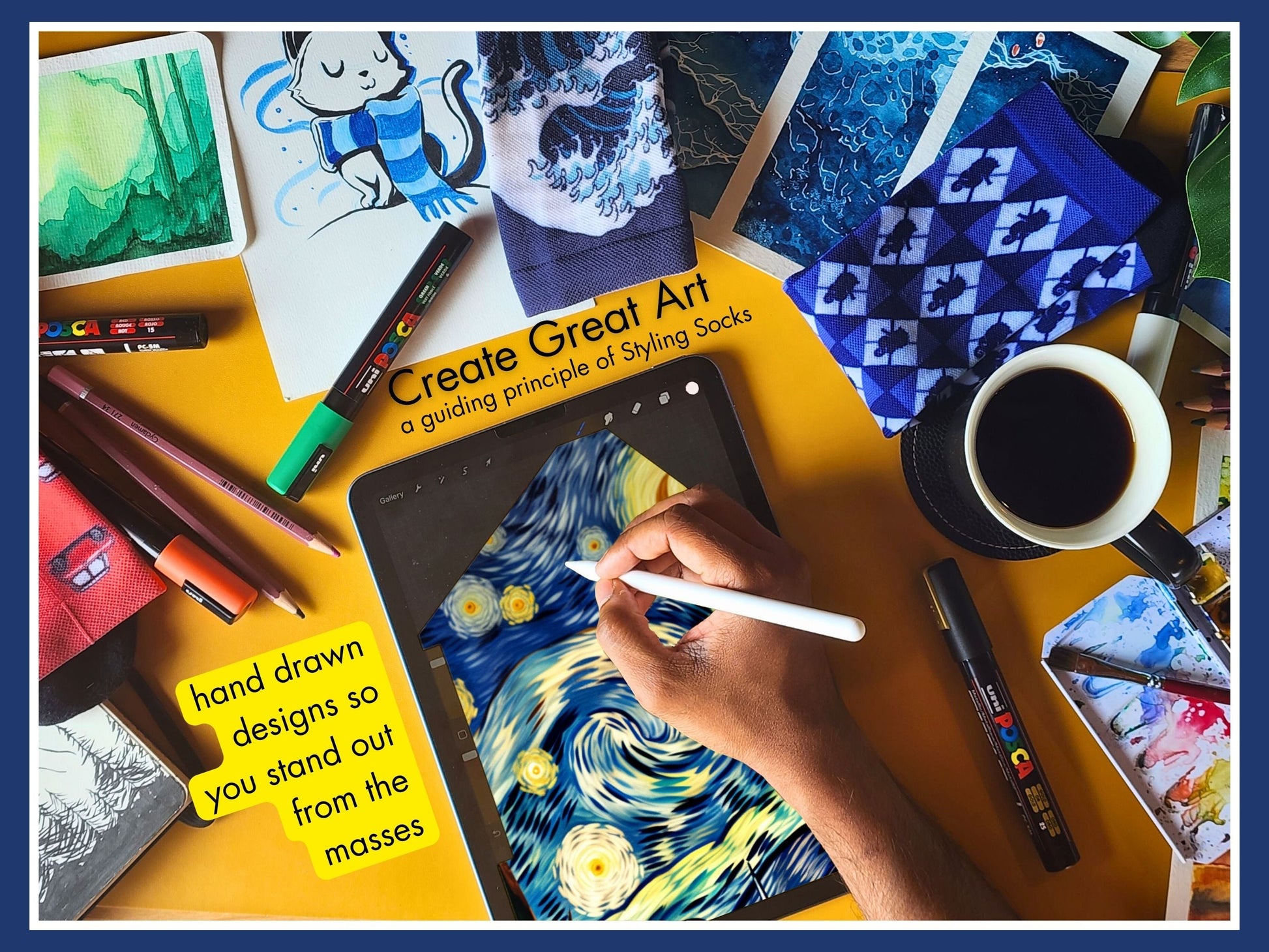 Starry Night Art Socks artist hand drawing the sock design on a tablet