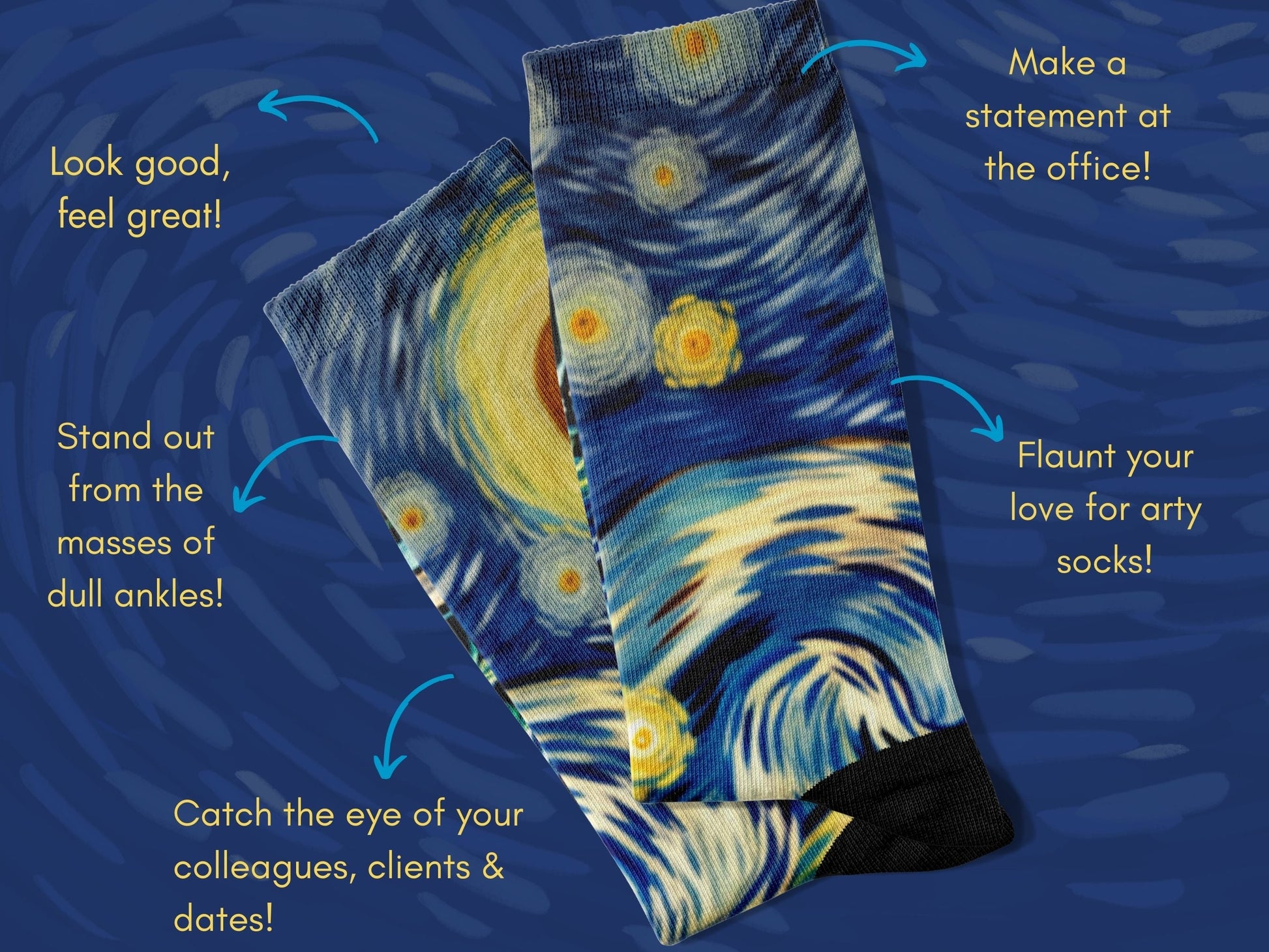 Starry Night Art Socks flat lay of socks with benefits highlighted