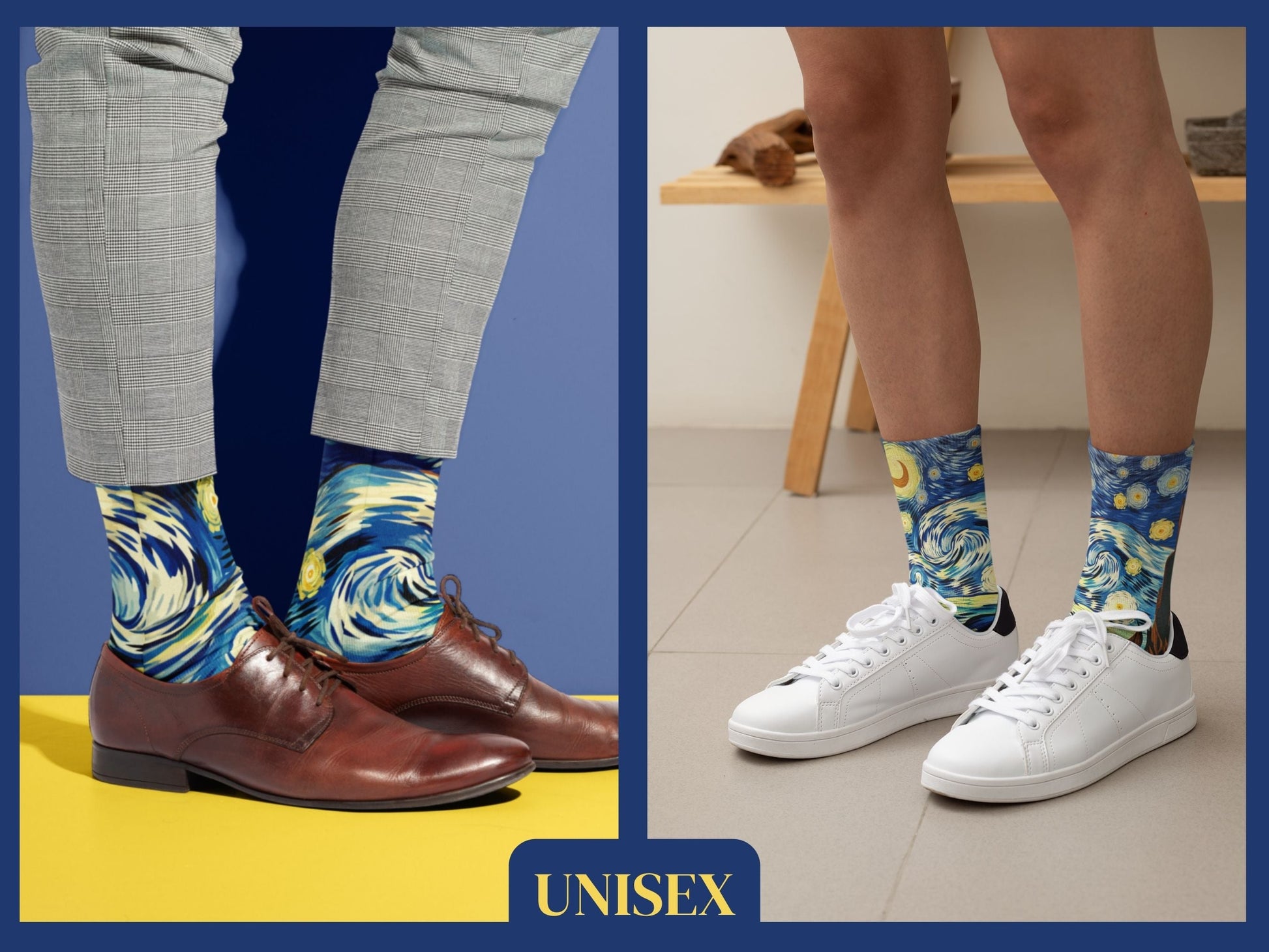 Starry Night Art Socks lifestyle vibe shot in a real-life setting
