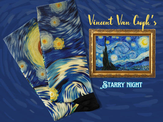 Starry Night Art Socks styled flat laid with painting of Van Goph's Starry Night Sky