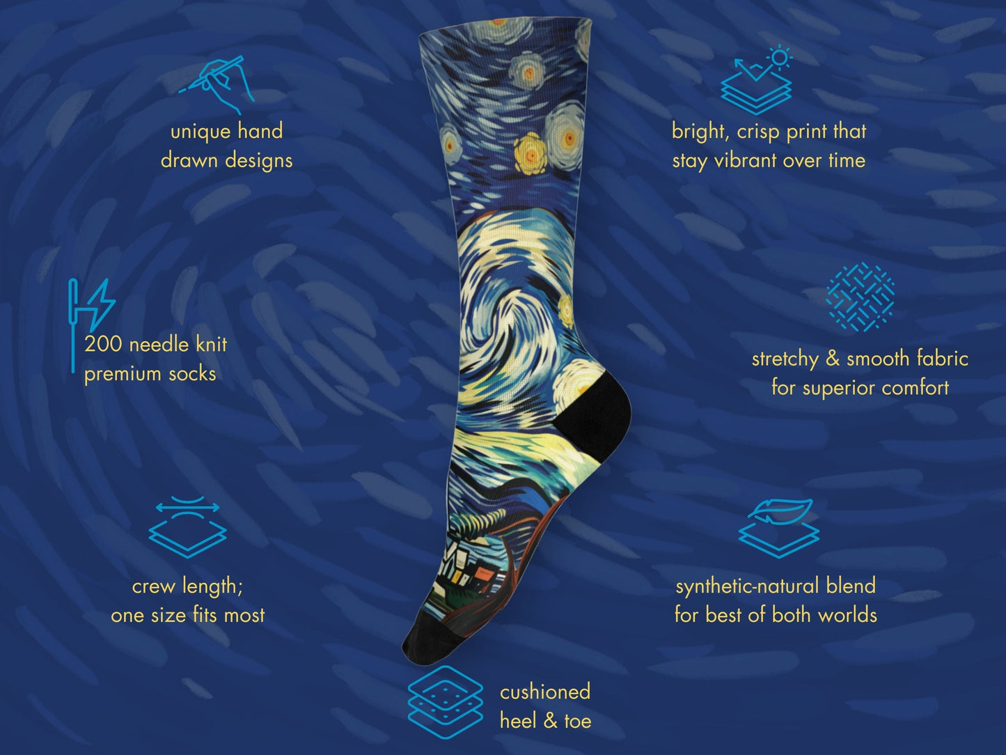 Starry Night Art Socks floating mockup with features highlighted