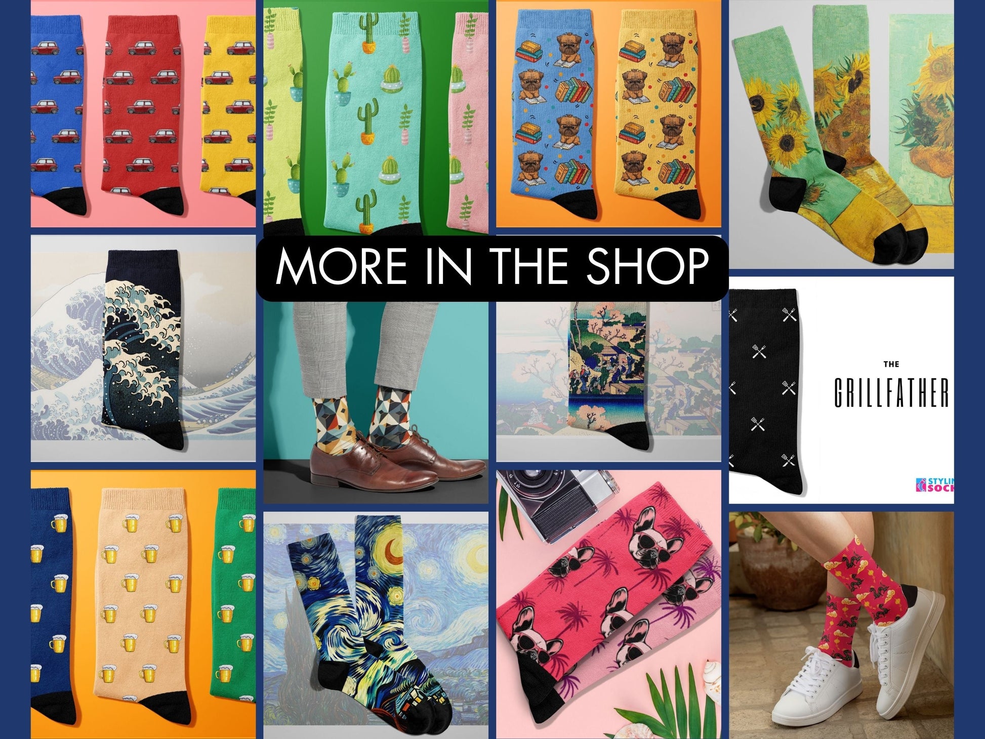 Starry Night Art Socks collage of multiple colourful Styling Socks designs