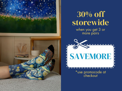 Starry Night Art Socks promo code offer with socks as background