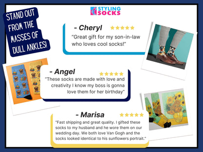 Starry Night Art Socks customer review collage showcasing Styling Socks testimonials