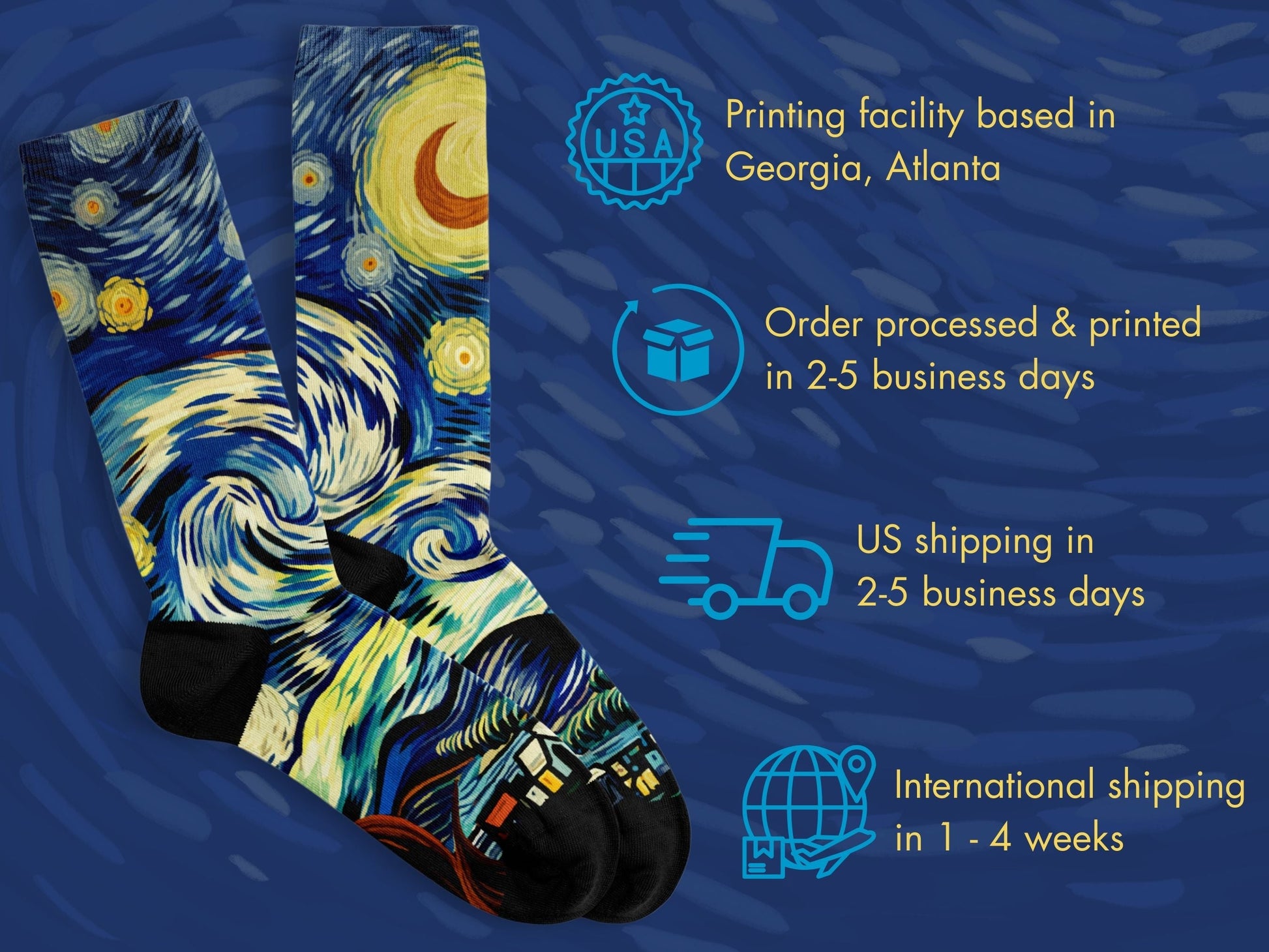 Starry Night Art Socks flat lay of socks with shipping details overlay