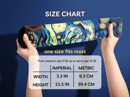Starry Night Art Socks hands stretching socks with size chart overlay