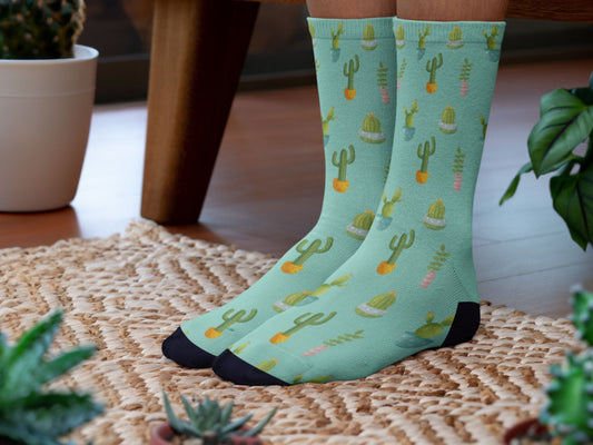 Turquoise Cactus Socks — Plant Mom Socks — on-model