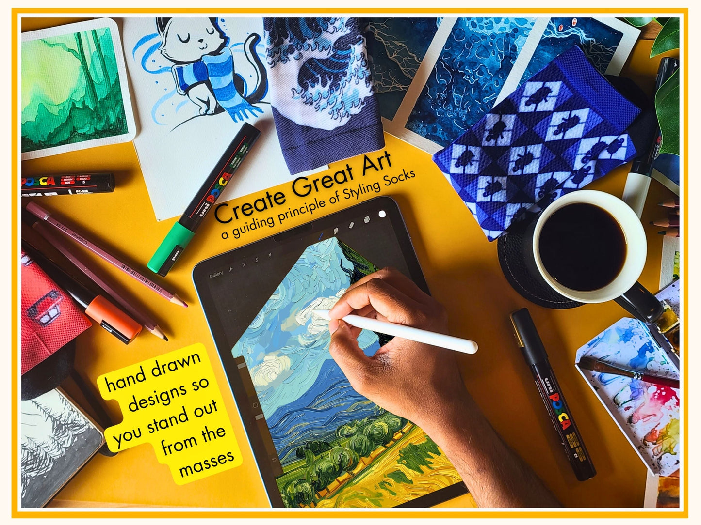 Van Gogh Cypresses Art Socks artist hand drawing the sock design on a tablet