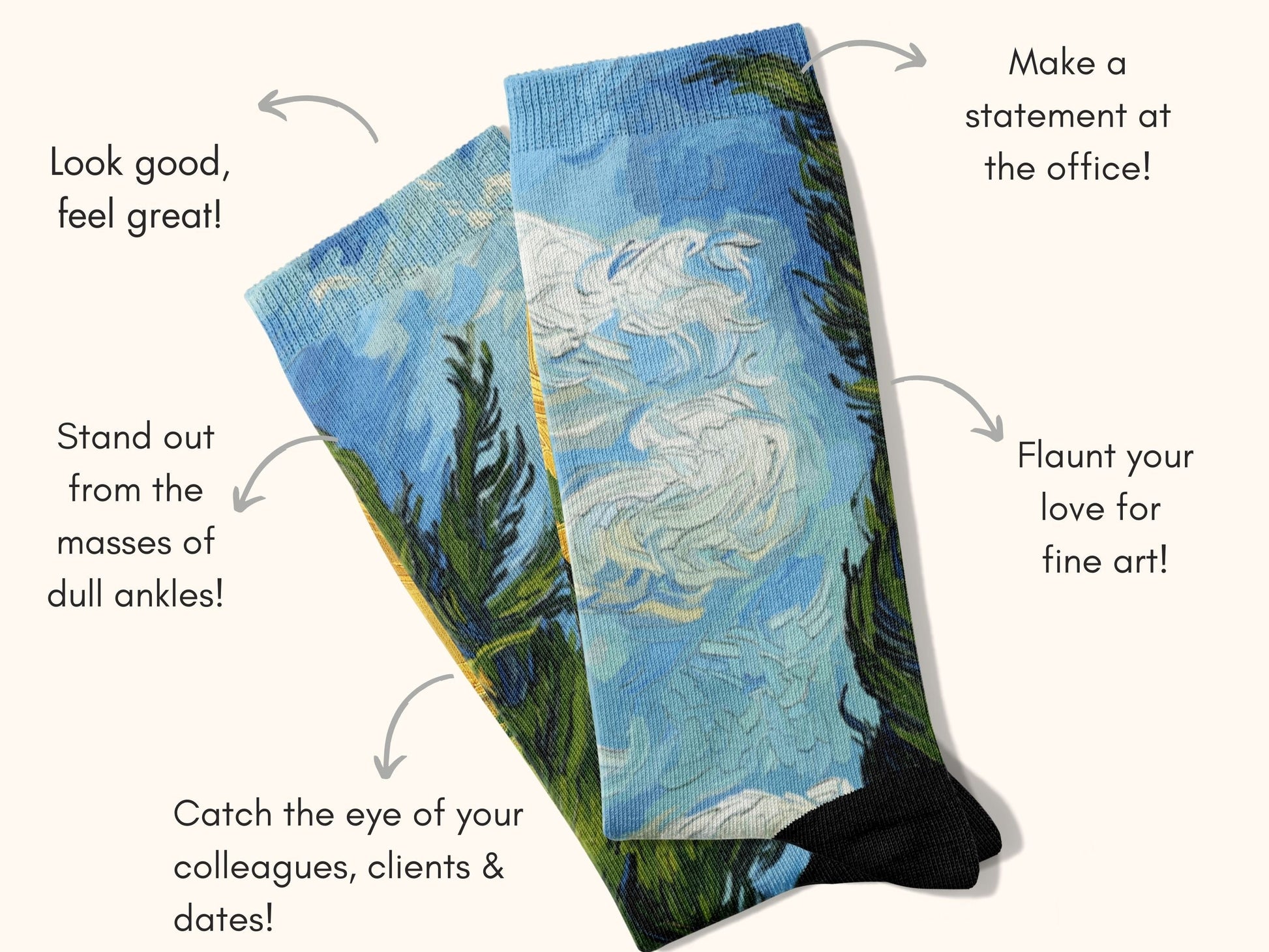 Van Gogh Cypresses Art Socks flat lay of socks with benefits highlighted