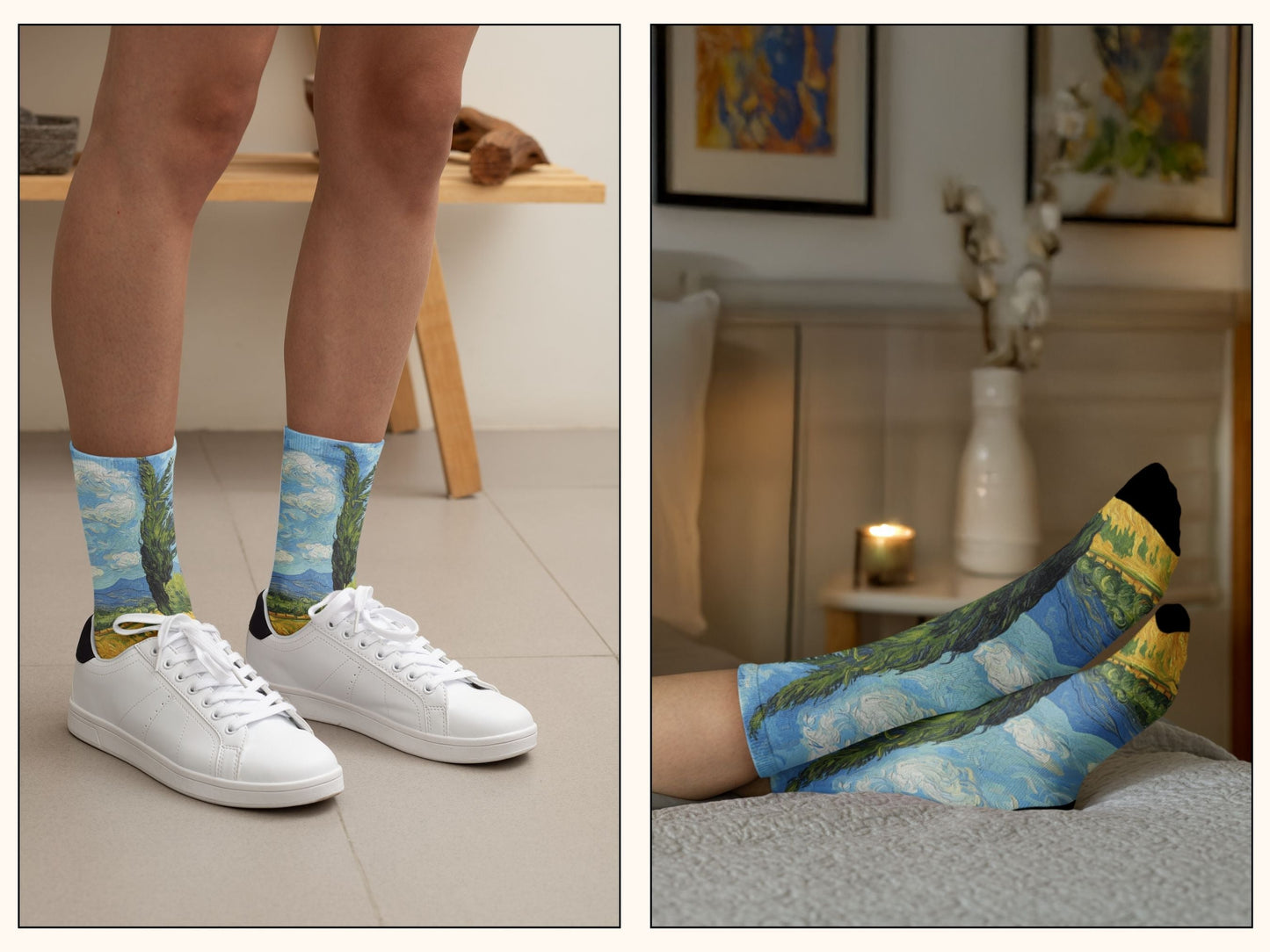 Van Gogh Cypresses Art Socks lifestyle vibe shot in a real-life setting